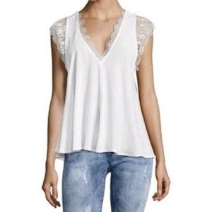 Free People Women’s White Lace Cap Sleeve Boho Top Sz Small V-Neck Blouse